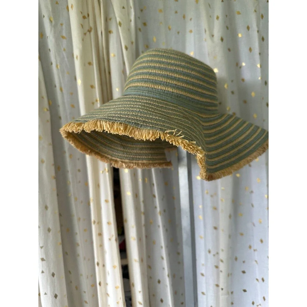 Unbranded Paper Cotton Blend Straw Brimmed Stripe Costal Floppy Sun Hat One Size